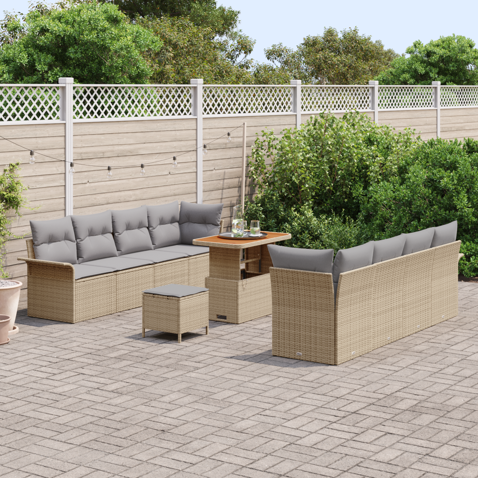 Set Divano da Giardino  11 Pezzi con Cuscini Beige Polyrattan Acacia