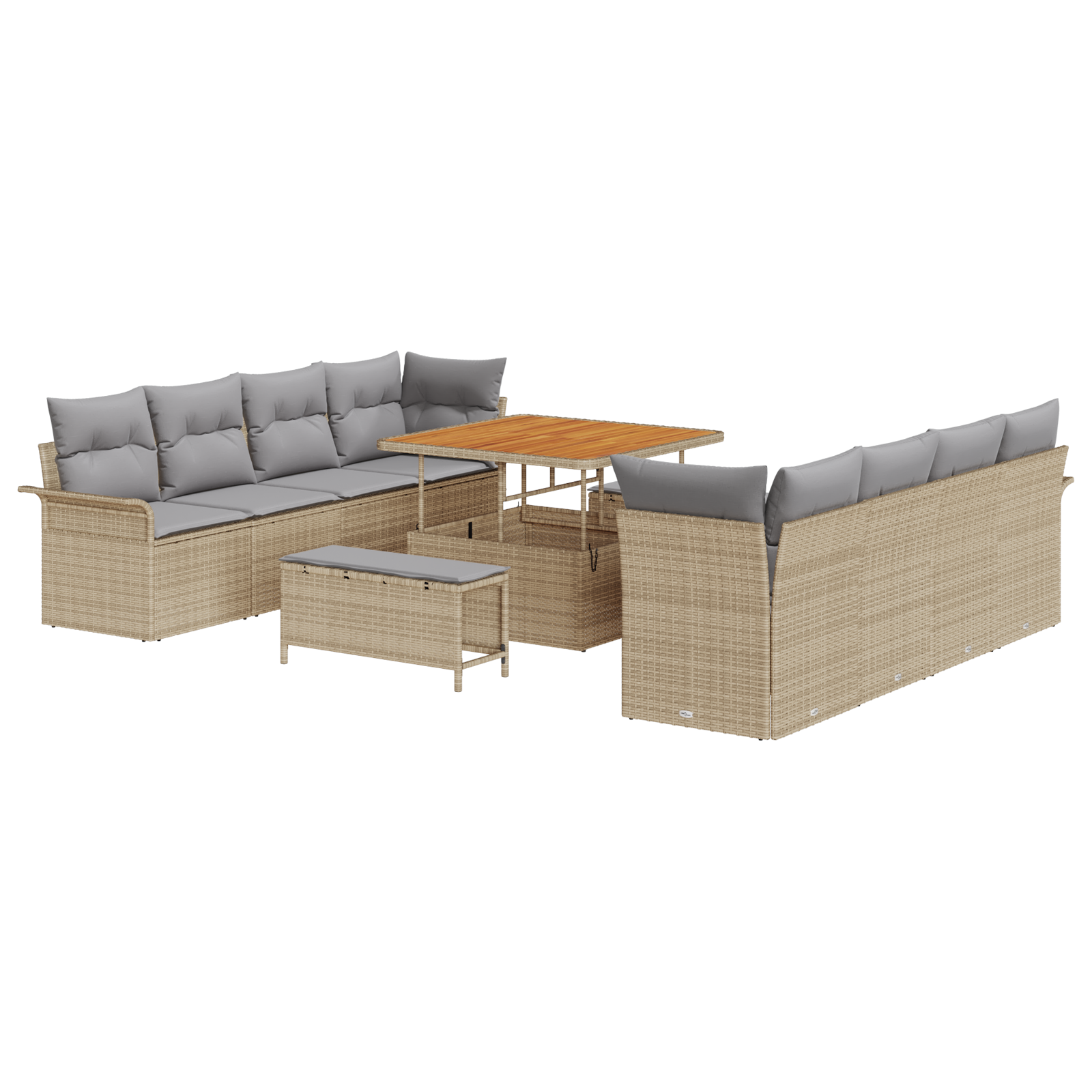 Set di divani da giardino da 11 pezzi con cuscini beige in rattan e acacia