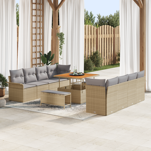 Set di divani da giardino da 11 pezzi con cuscini beige in rattan e acacia