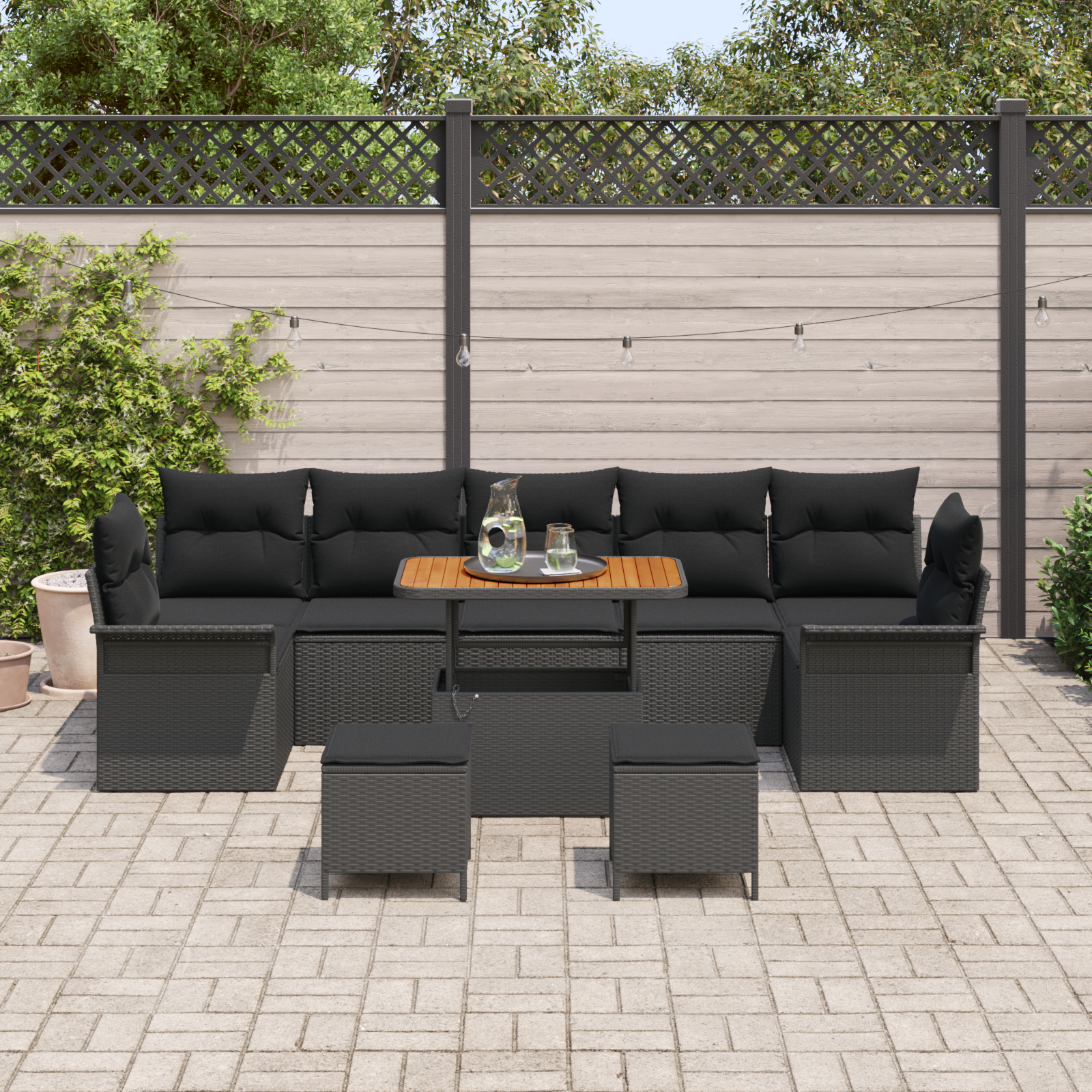 Set di divano da giardino in 10 pezzi con cuscini in polyrattan marrone e acacia