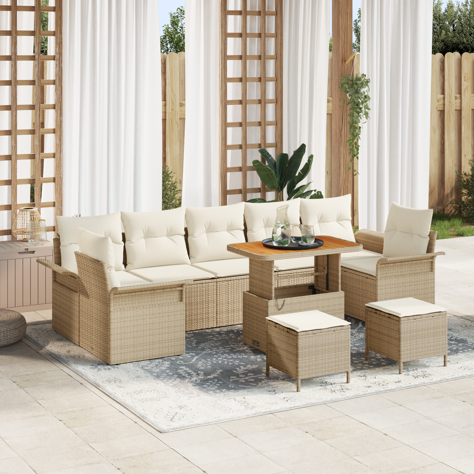 Set di Divano da Giardino 10 Pezzi con Cuscini Beige Polyrattan Acacia
