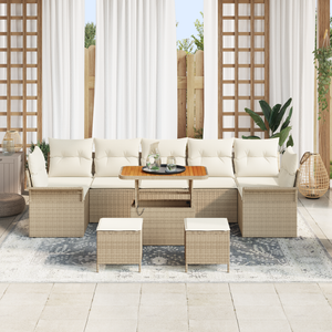 Set di Divano da Giardino 10 Pezzi con Cuscini Beige Polyrattan Acacia