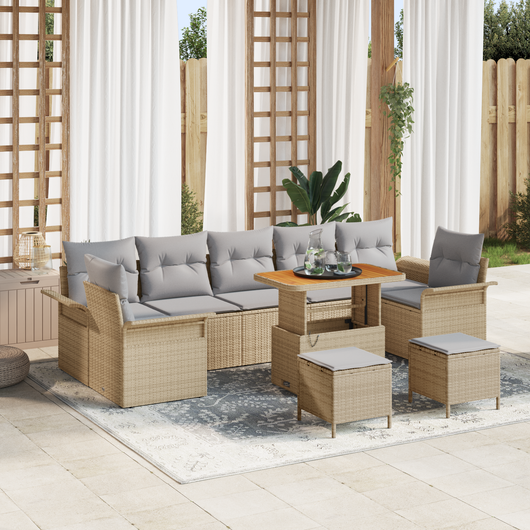Set Divano da Giardino  10 Pezzi con Cuscini Beige Polyrattan Acacia