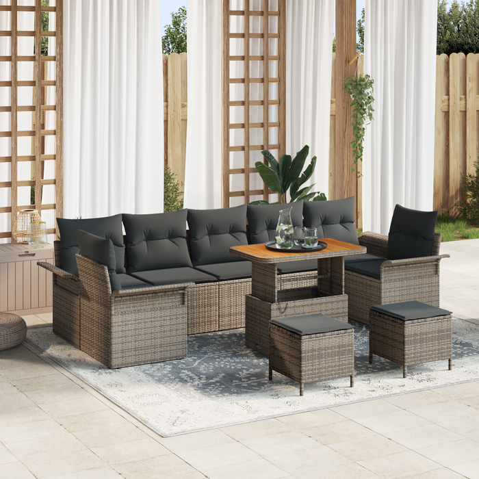 Set da Giardino 10 Pezzi con Cuscini Grigio in Rattan Polietilene Acacia