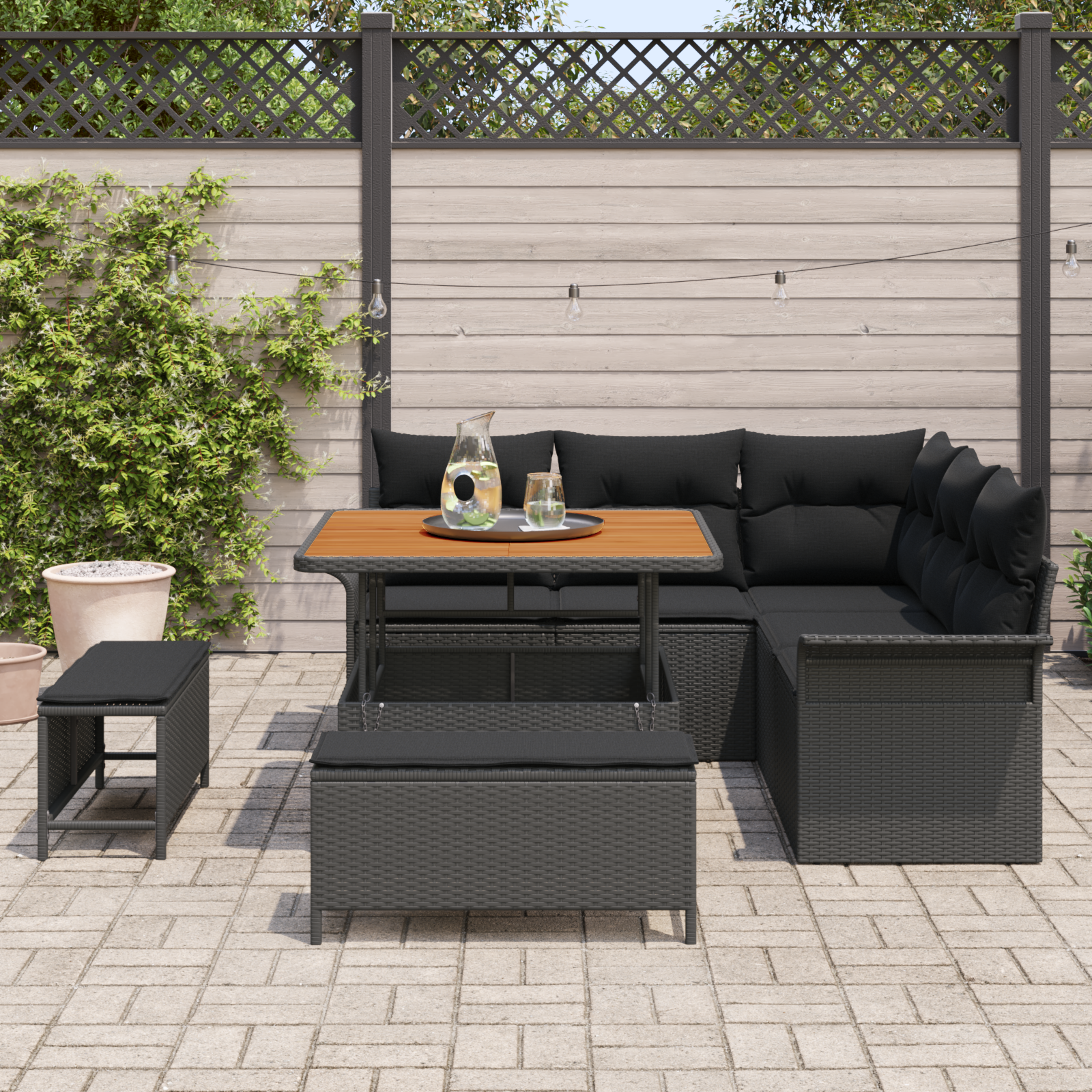 Set di Divani da Giardino 8 Pezzi con Cuscini Rattan Poliestere Nero Acacia