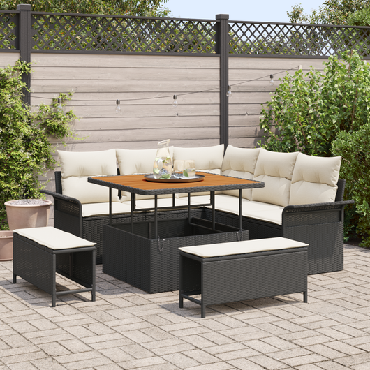 Set divano da giardino da 8 pezzi con cuscini neri in polyrattan