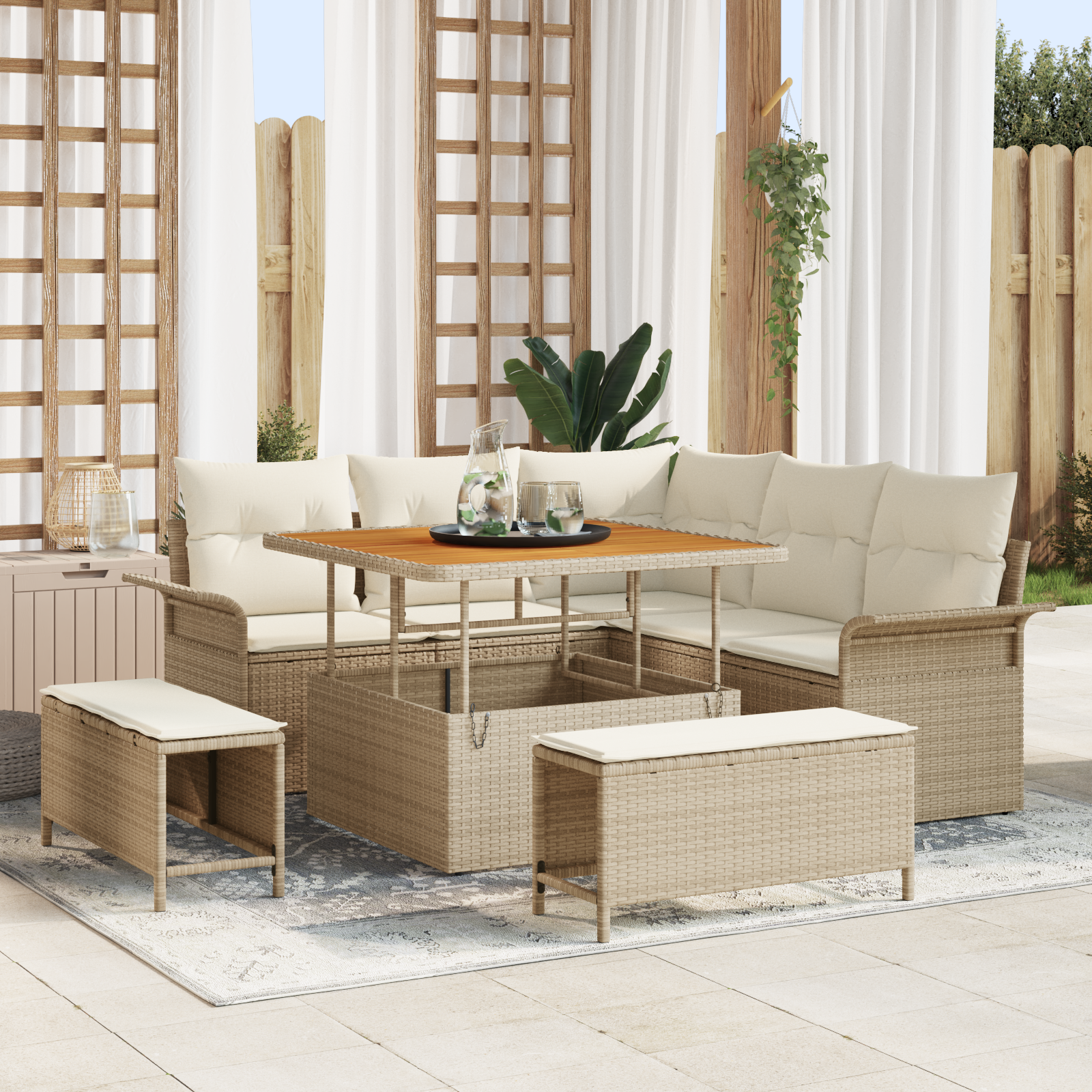 Set Divano da Giardino di 8 Pezzi con Cuscini Beige Polirattan Acacia
