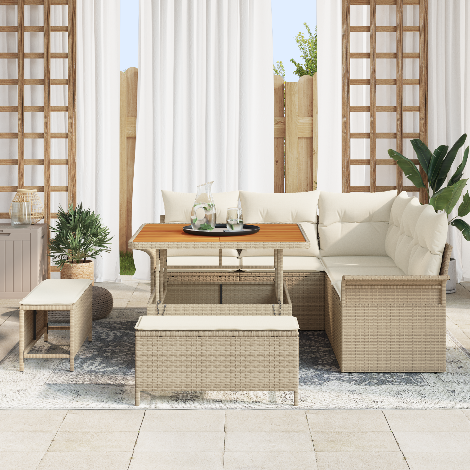 Set Divano da Giardino di 8 Pezzi con Cuscini Beige Polirattan Acacia