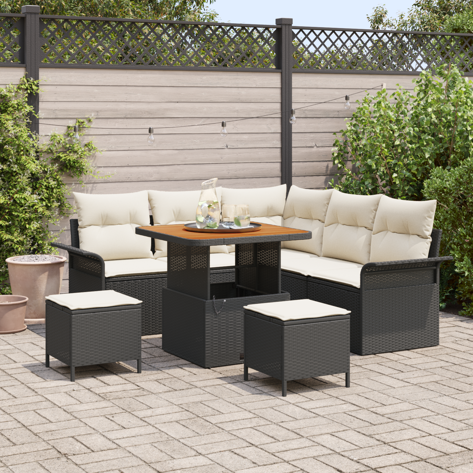 Set Divano da Giardino 8 Pezzi con Cuscini Nero Polyrattan Acacia