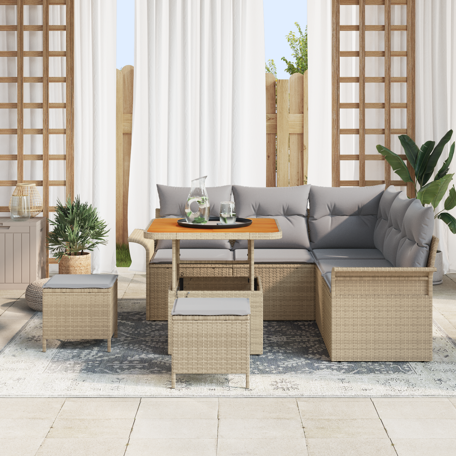Set divani giardino 8 pezzi con cuscini Beige Rattan Poliresina Acacia