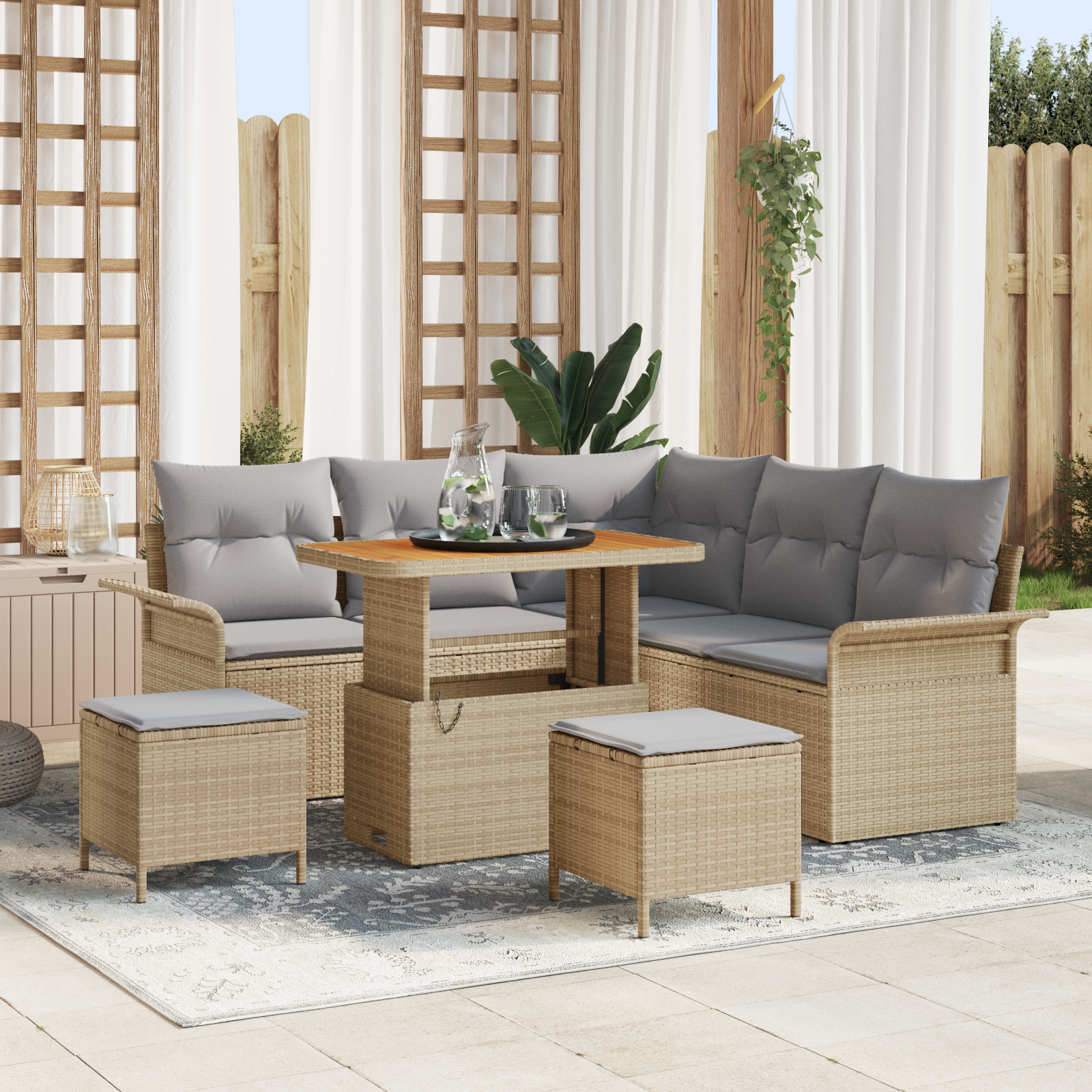 Set Divano da Giardino  8 Pezzi con Cuscini Beige Polyrattan Acacia