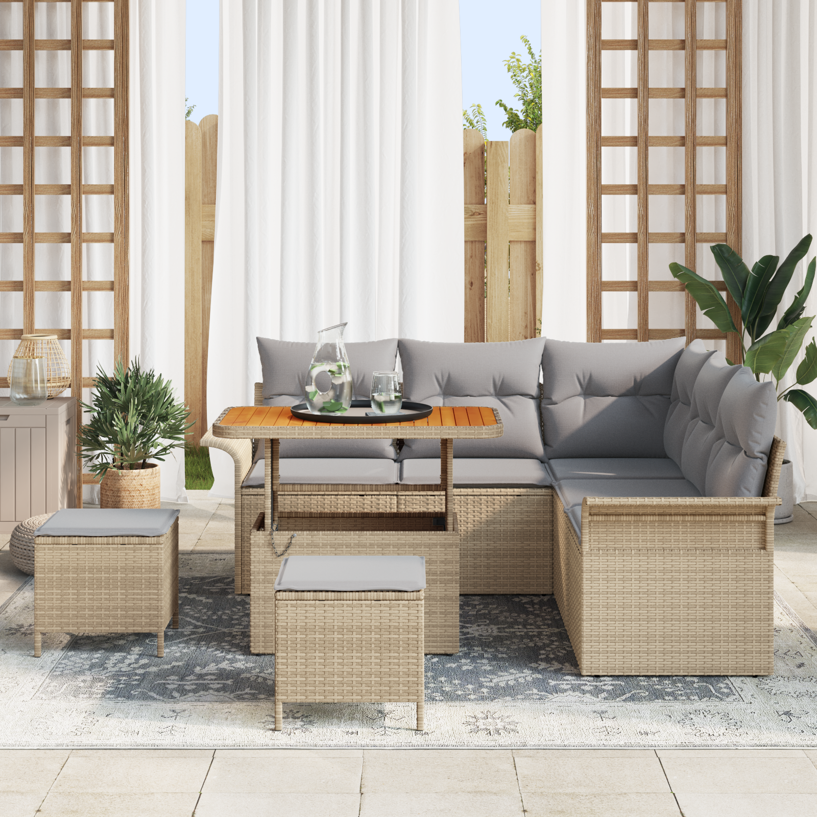 Set Divano da Giardino  8 Pezzi con Cuscini Beige Polyrattan Acacia