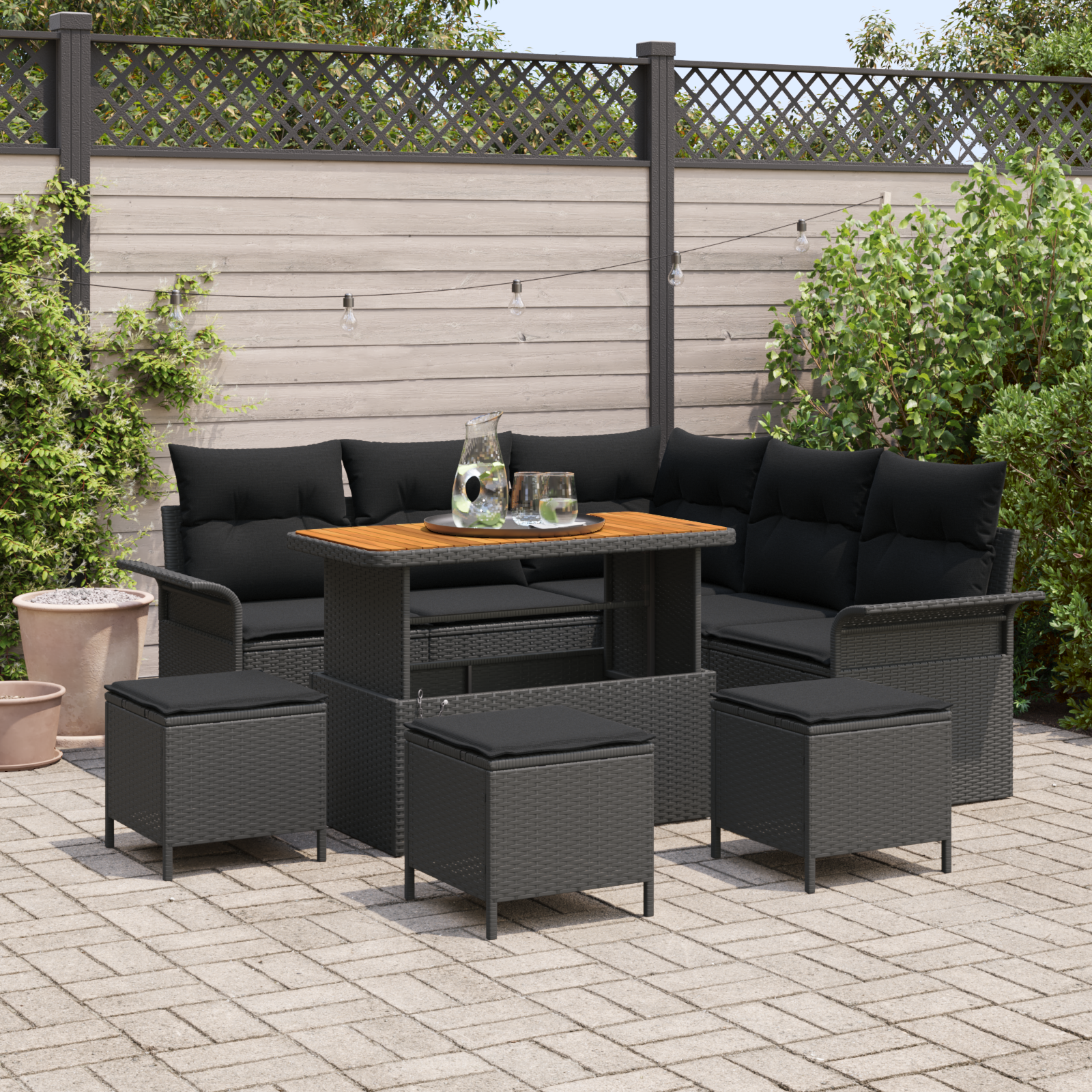 Set divano da giardino 9 pezzi con cuscini Rattan nero