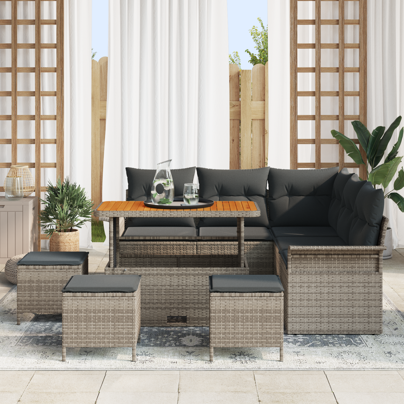 Set Divano da Giardino  da 9 pezzi con Cuscini Grigio Polyrattan Acacia