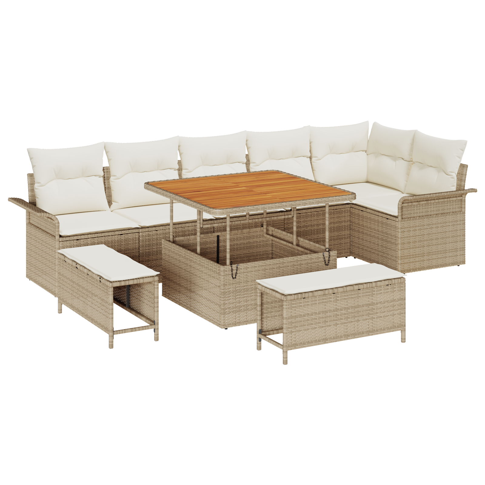 Set Divano da Giardino 9 Pezzi con Cuscini Beige Polyrattan Acacia