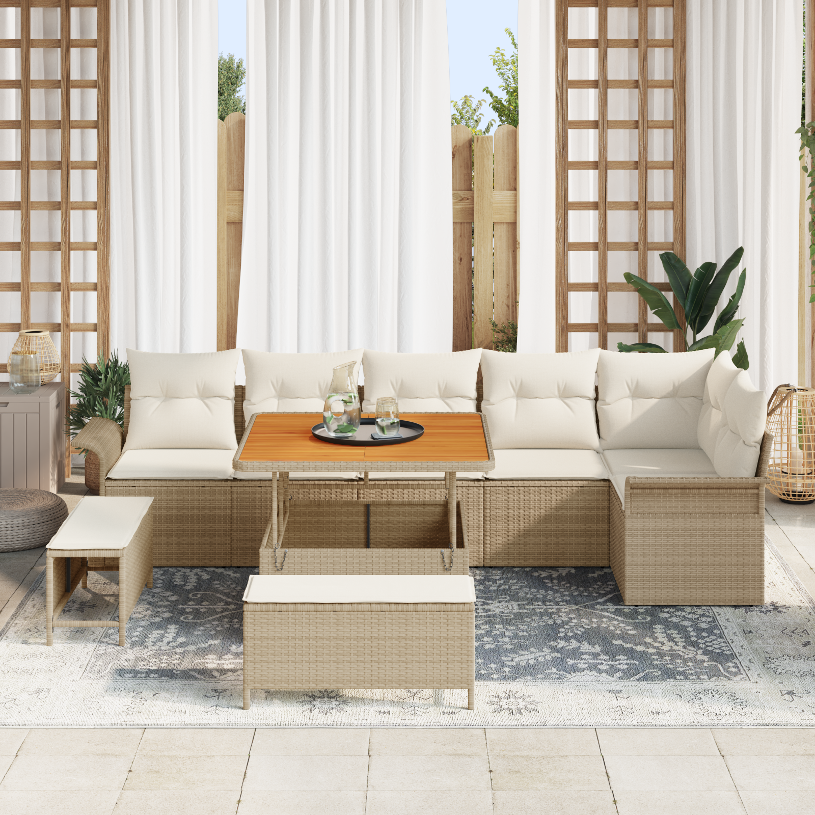 Set Divano da Giardino 9 Pezzi con Cuscini Beige Polyrattan Acacia