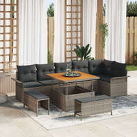Set Divani da Giardino 9 Pezzi con Cuscini Grigio Polyrattan Acacia