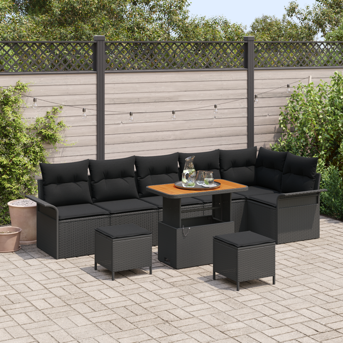 Set di Divani da Giardino in 9 Pezzi con Cuscini Nero Polyrattan Acacia