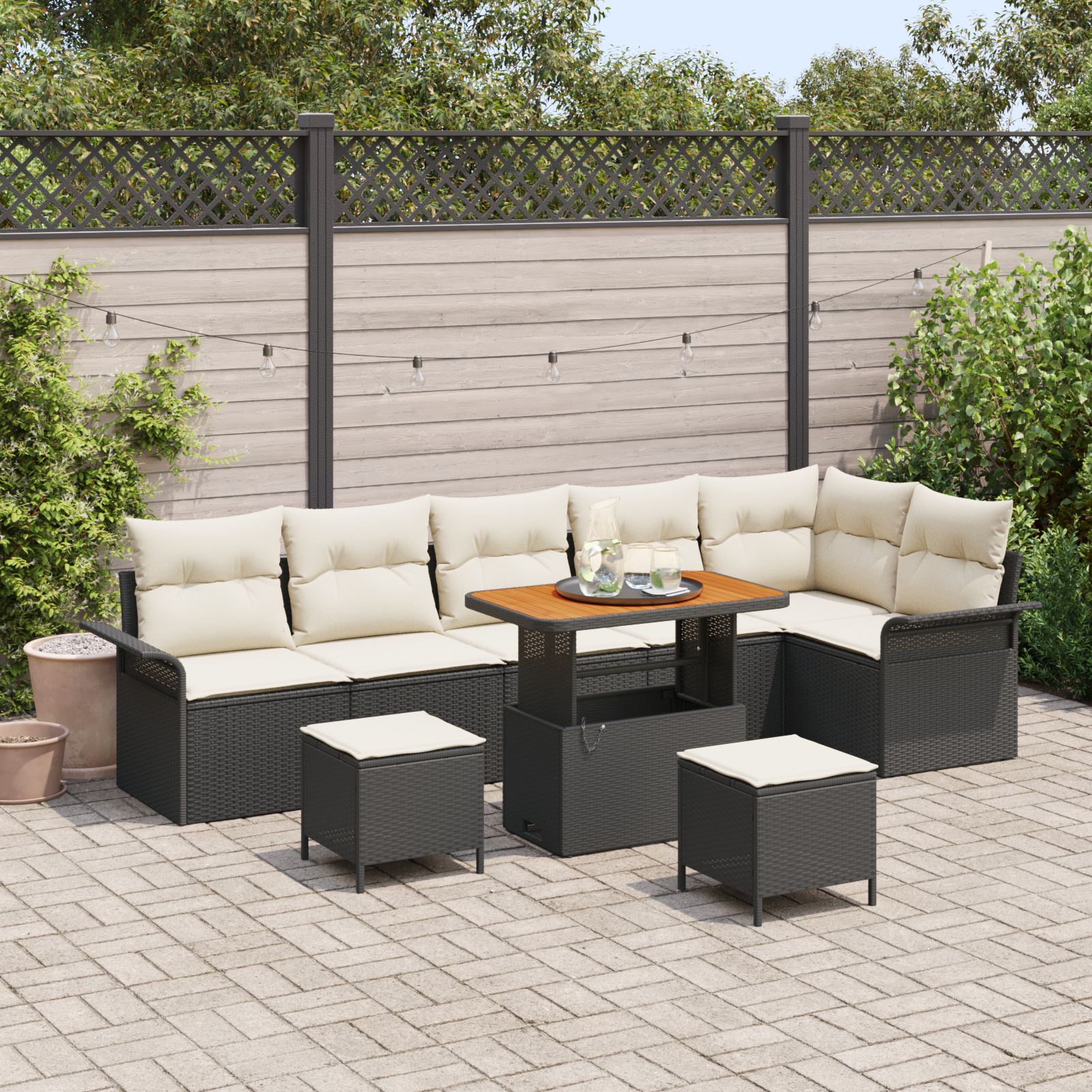 Set divani giardino 9 pezzi con cuscini Nero Polyrattan Acacia