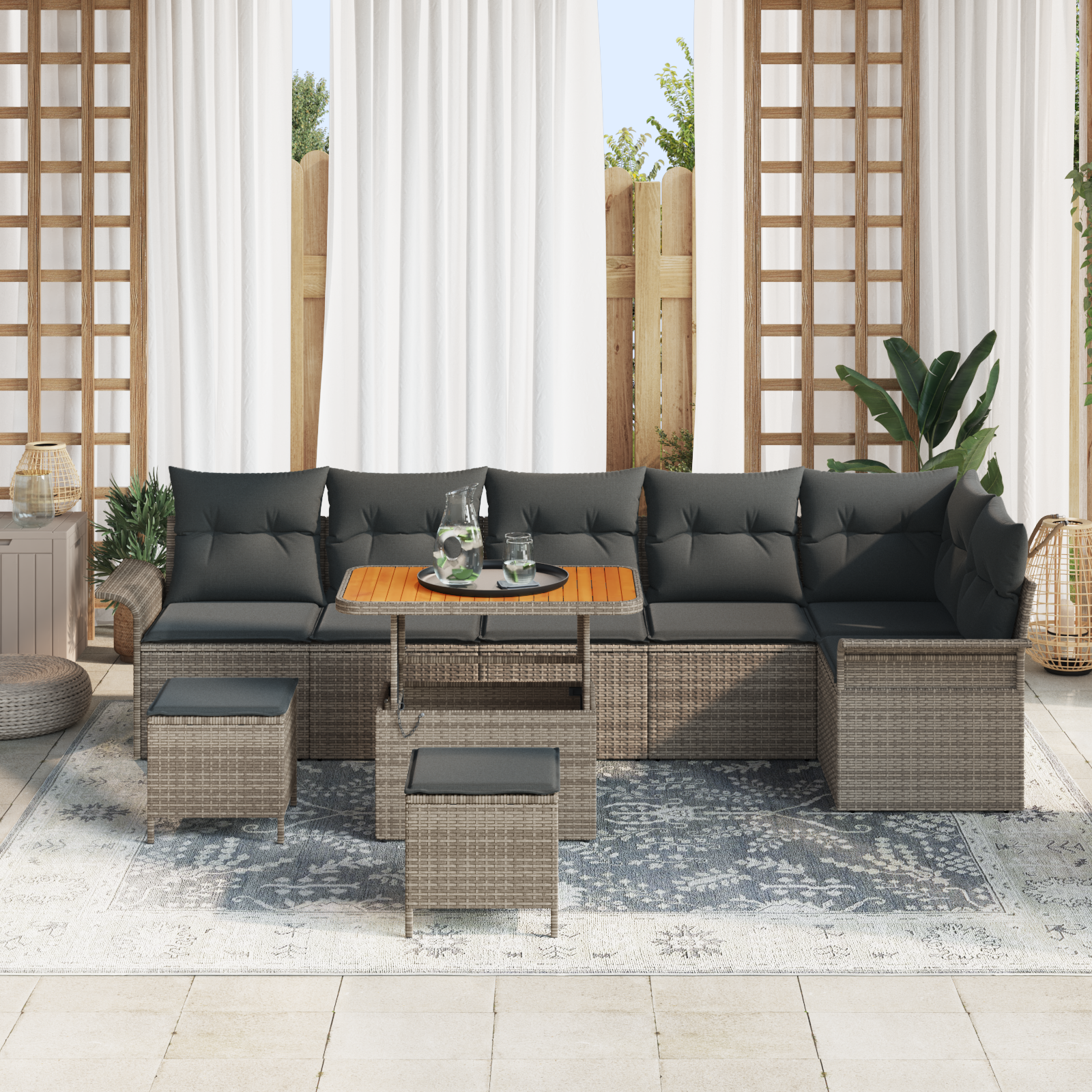 Set divano da giardino nove pezzi con cuscini grigio polyrattan acacia