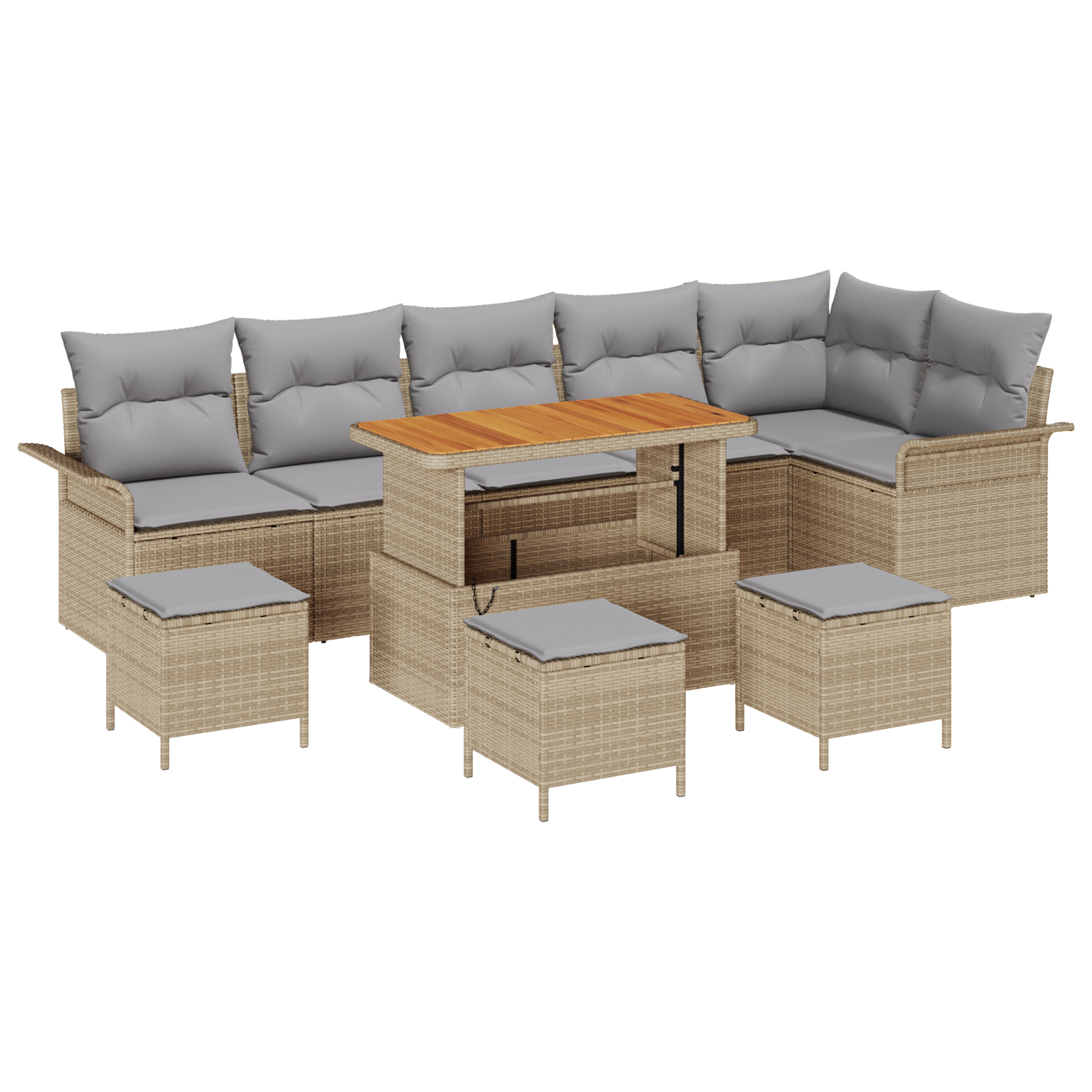 Set divani giardino da 10 pezzi con cuscini beige in rattan sintetico acacia