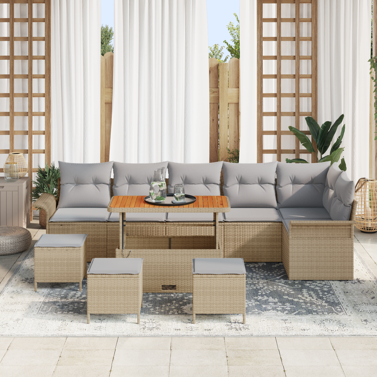 Set divani giardino da 10 pezzi con cuscini beige in rattan sintetico acacia
