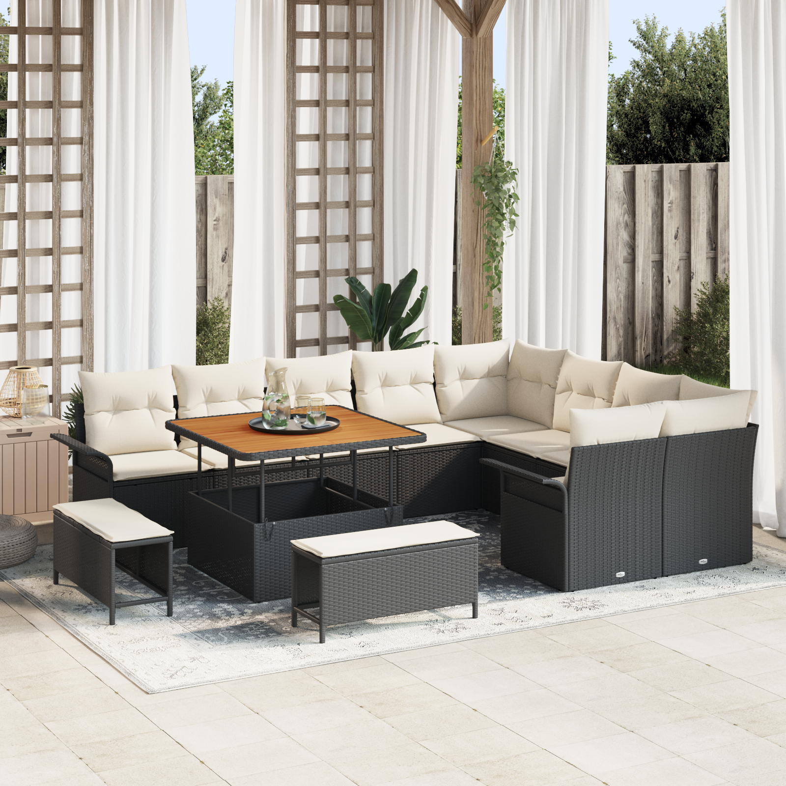 Set di divani da giardino 12 pezzi con cuscini in rattan polietilene nero Acacia
