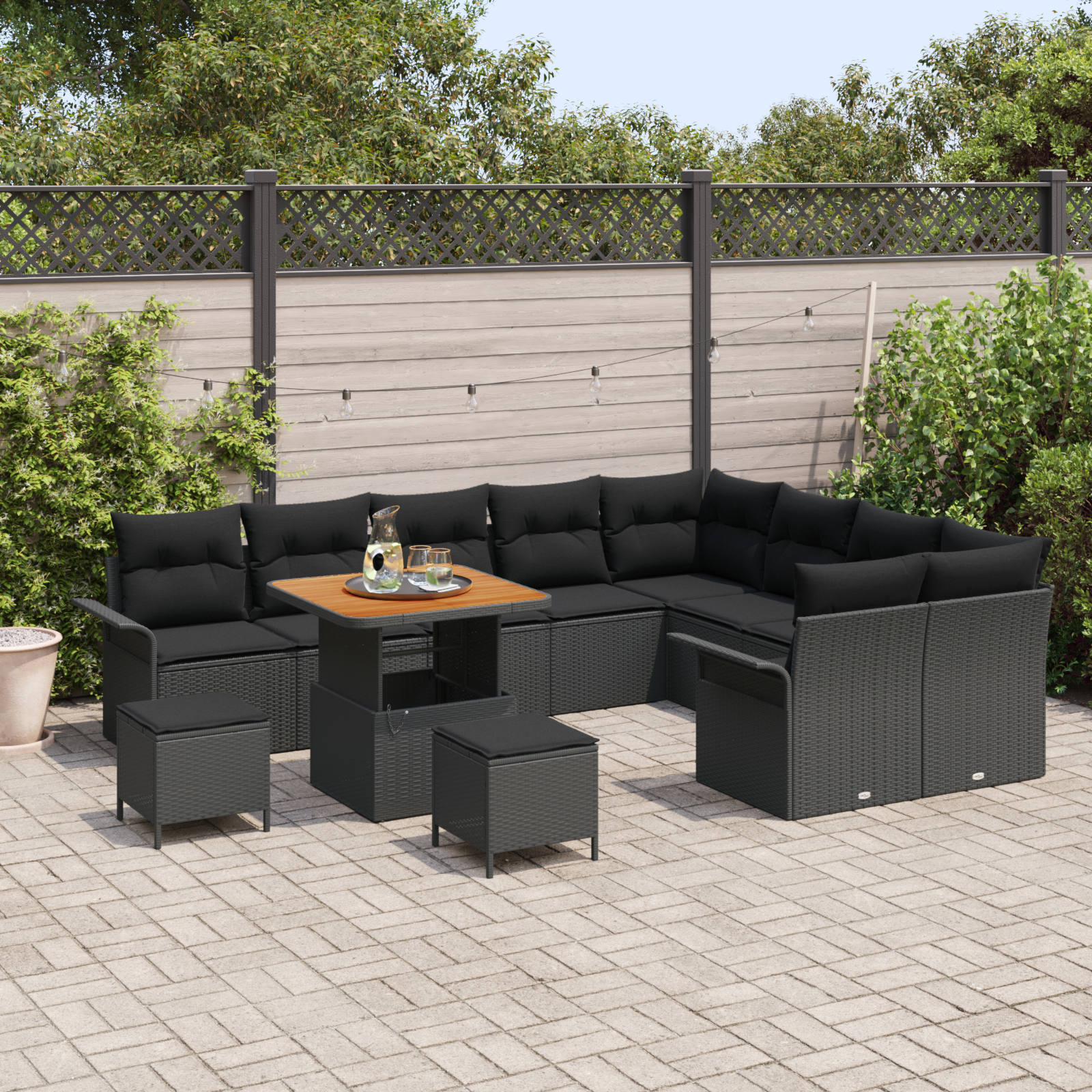 Set di Divani da Giardino in 12 Pezzi con Cuscini Nero Polyrattan Acacia