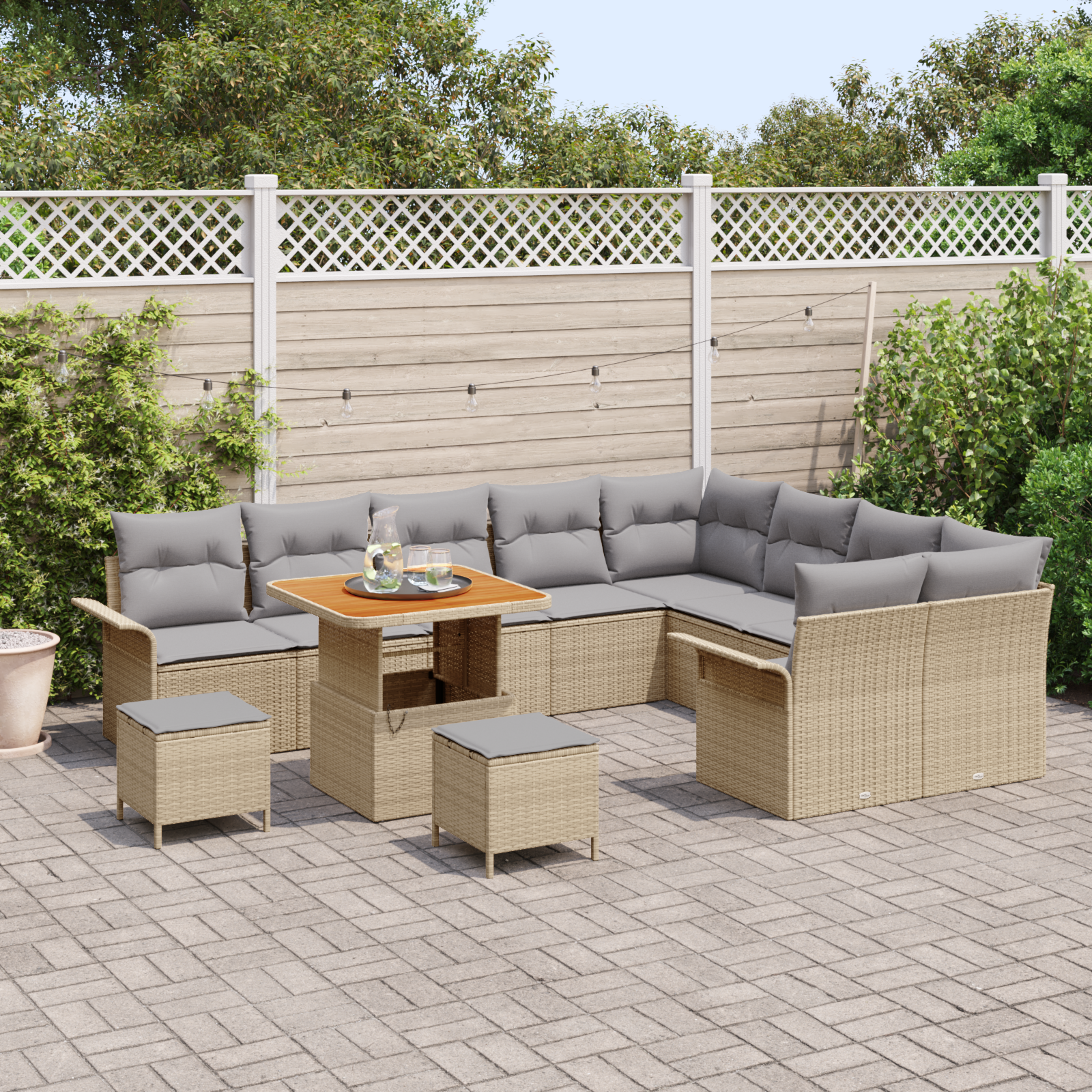 Set Divano da Giardino  12 Pezzi con Cuscini Beige Rattan Poliacacia