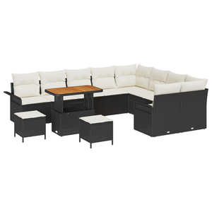 Set da giardino da 12 pezzi con cuscini Rattan Poly Nero Acacia