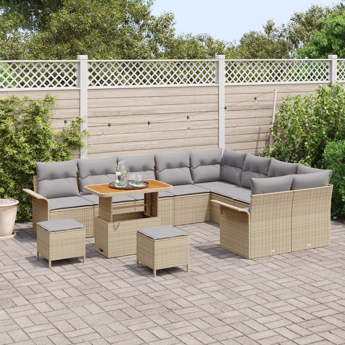 Set Divano da Giardino 12 Pezzi con Cuscini Beige in Rattan Poliestere Acacia