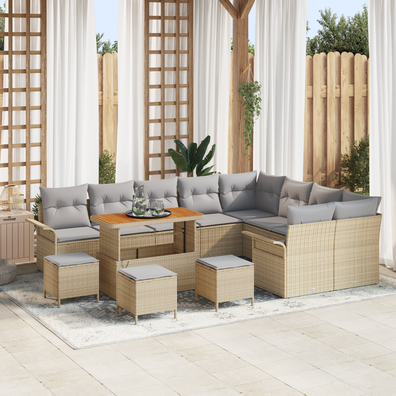 Set divano da giardino da 13 pezzi con cuscini beige in polyrattan acacia