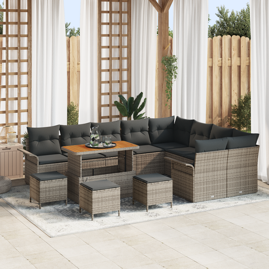 Set Divano da Giardino  13 Pezzi con Cuscini Grigio in Rattan Polirattan Acacia