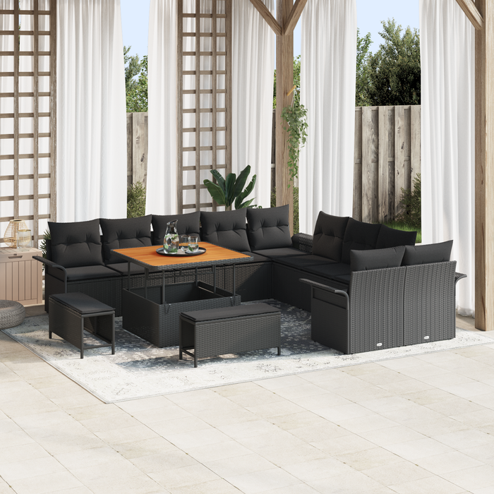 Set giardino 13 pezzi con cuscini polyrattan nero e acacia