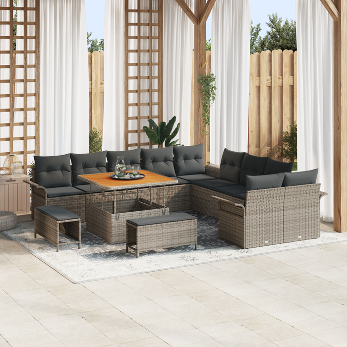 Set Divano da Giardino  13 Pezzi con Cuscini Grigio Polyrattan Acacia