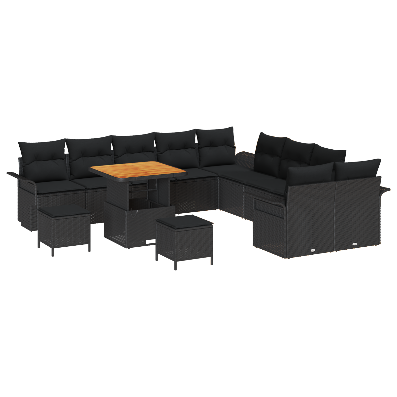 Set Divano da Giardino con 13 Pezzi e Cuscini Nero Polyrattan Acacia