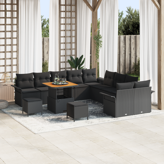 Set Divano da Giardino con 13 Pezzi e Cuscini Nero Polyrattan Acacia