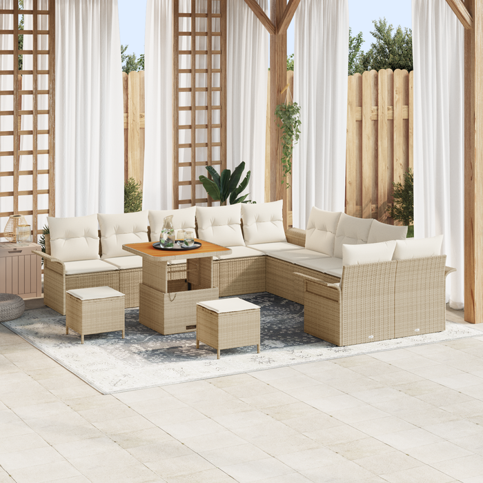 Set Divano da Giardino 13 Pezzi con Cuscini Beige Polyrattan Acacia
