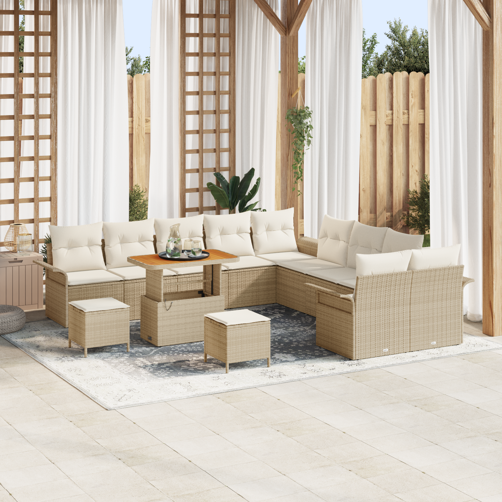 Set di divano da giardino da 13 pezzi con cuscini Beige Polyrattan Acacia