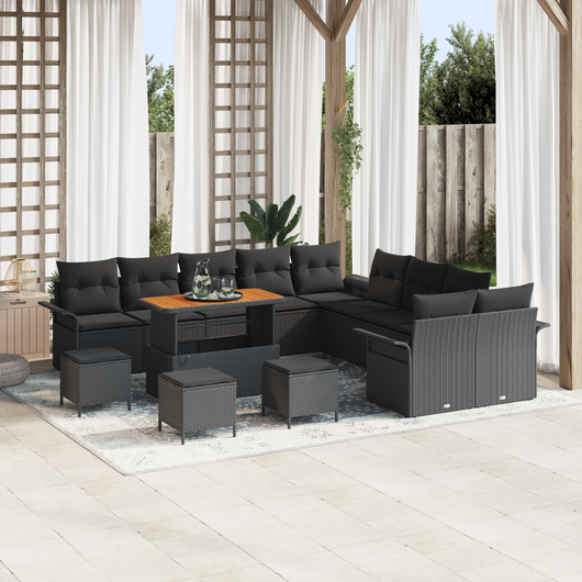 Set da giardino  di 14 pezzi con cuscini neri in polyrattan e acacia