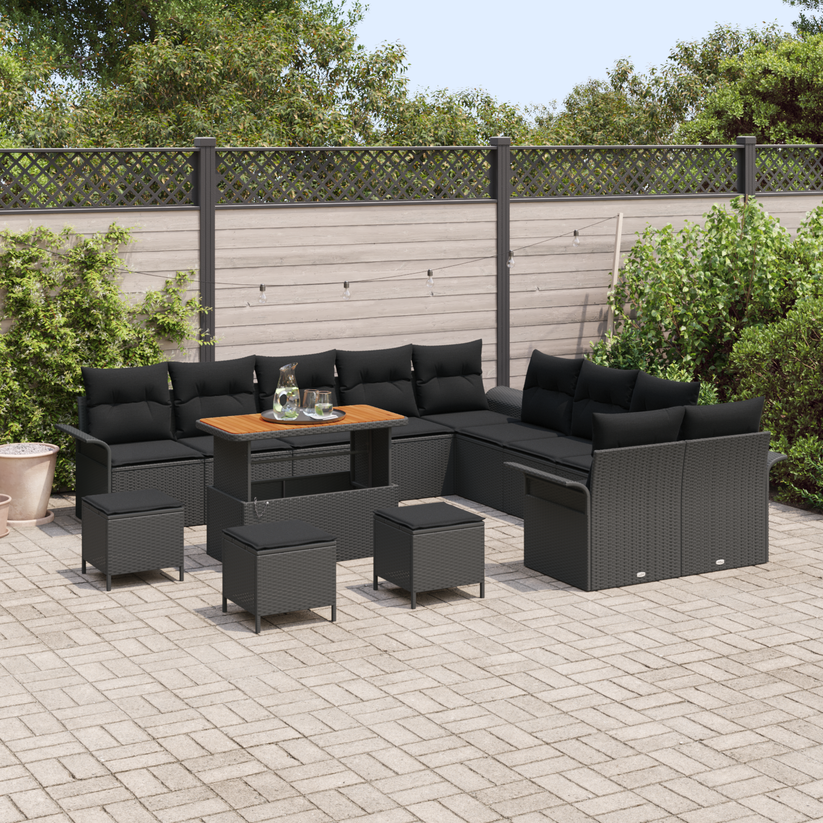 Set da giardino  di 14 pezzi con cuscini neri in polyrattan e acacia