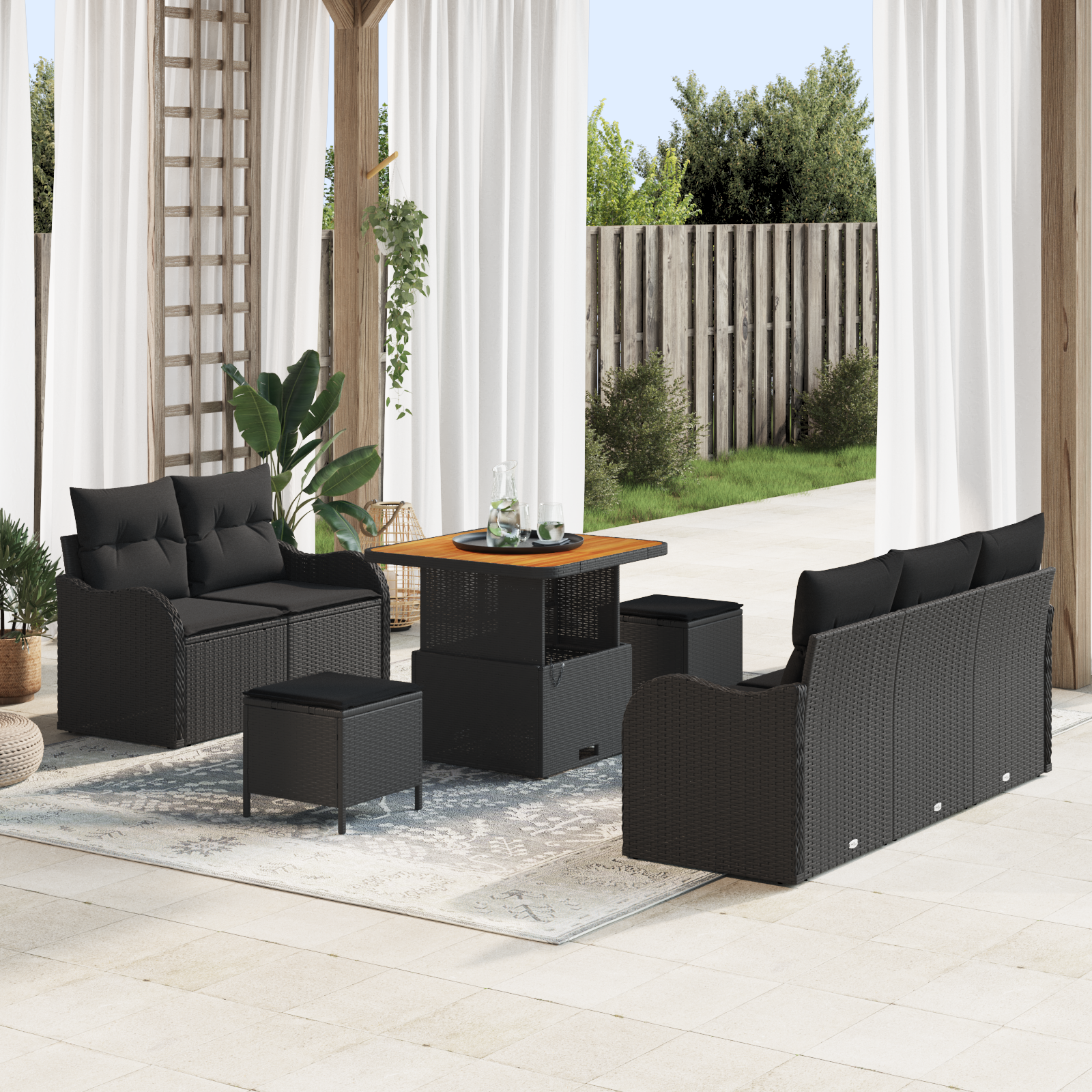 Set di Divani da Giardino 8 Pezzi con Cuscini Nero Polyrattan Acacia
