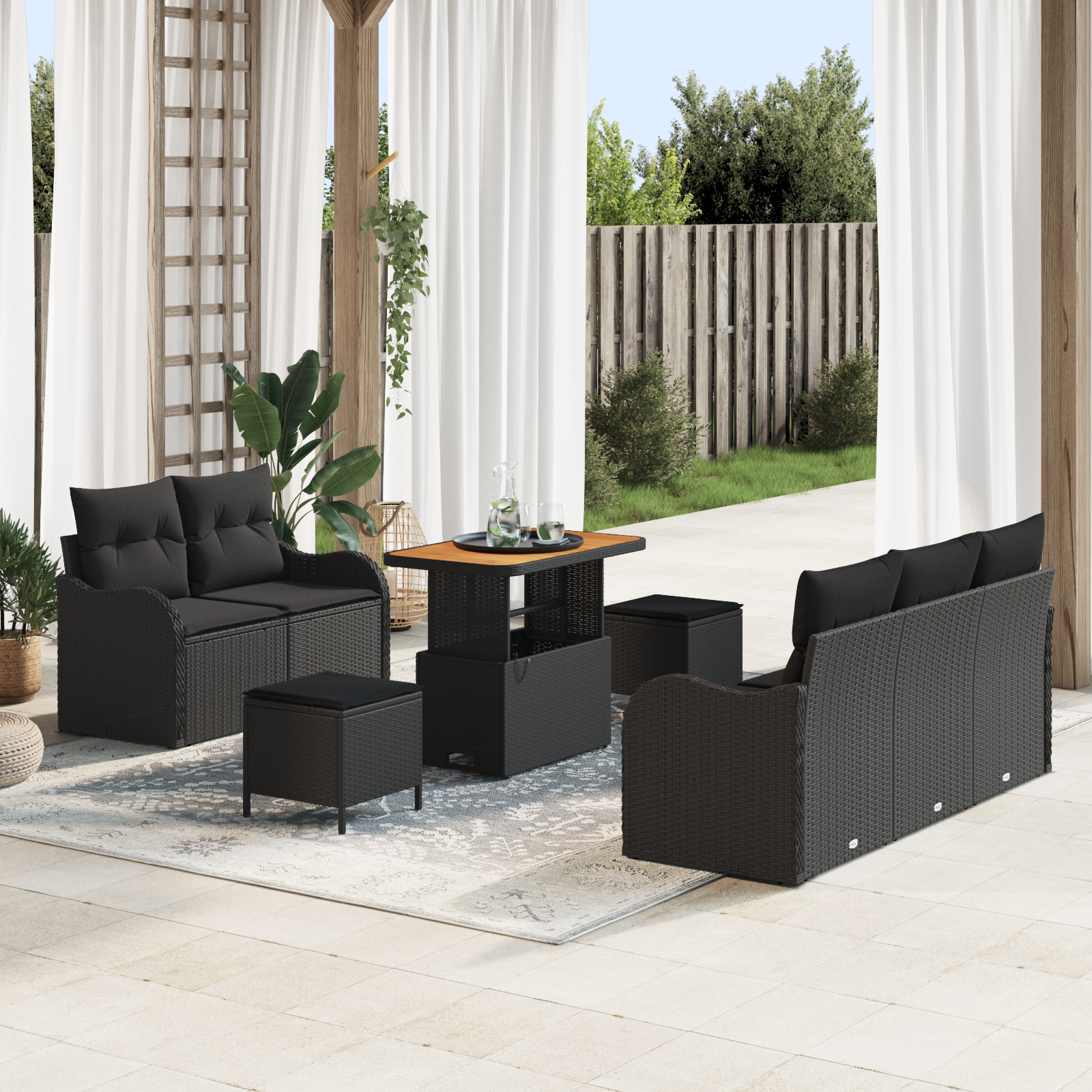 Set Divano Giardino  8 Pezzi con Cuscini Rattan Nero Polyrattan Acacia