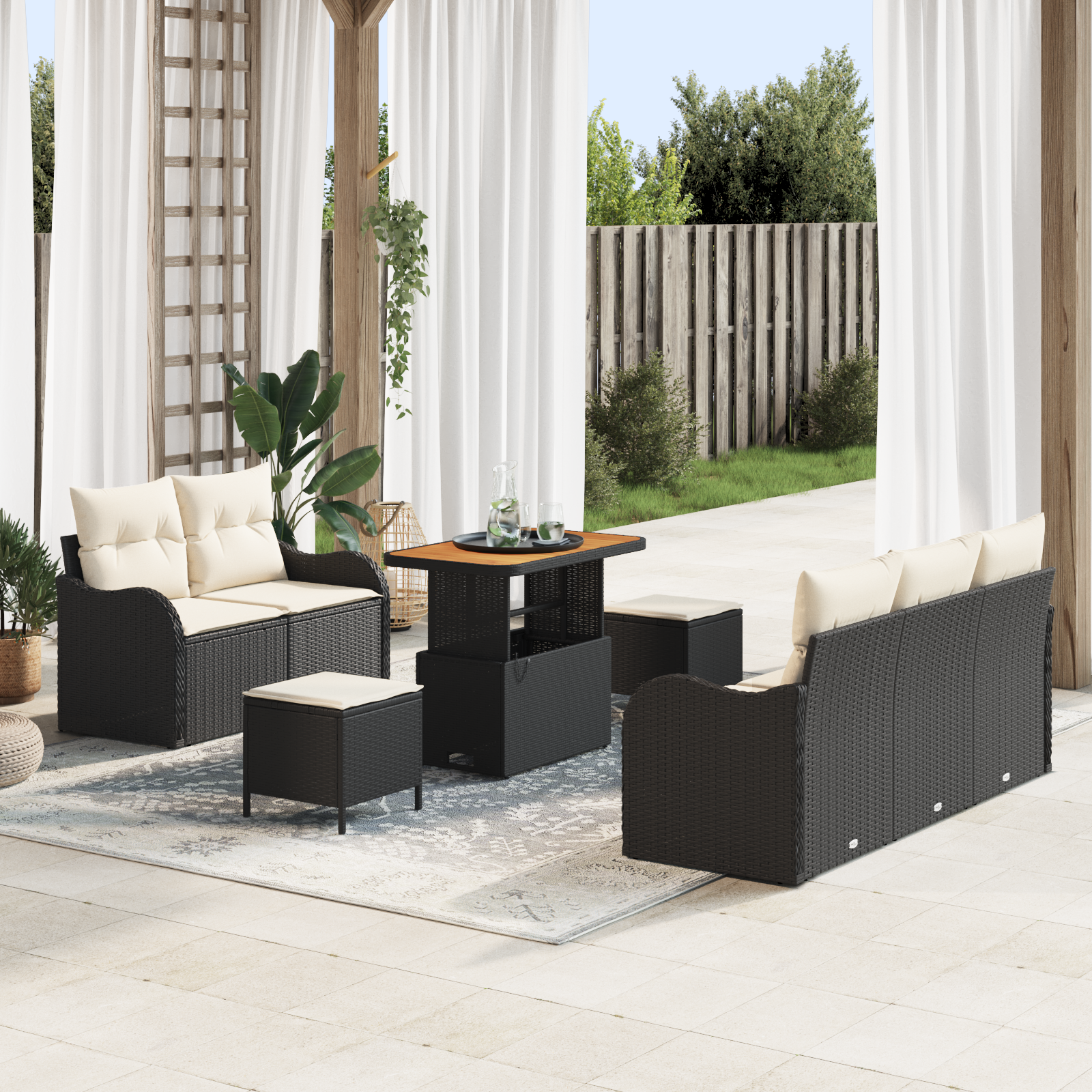Set di Divani da Giardino 8 Pezzi con Cuscini Nero Polyrattan Acacia