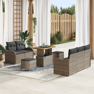 Set di divani da giardino in 8 pezzi con cuscini grigi in rattan poly e acacia