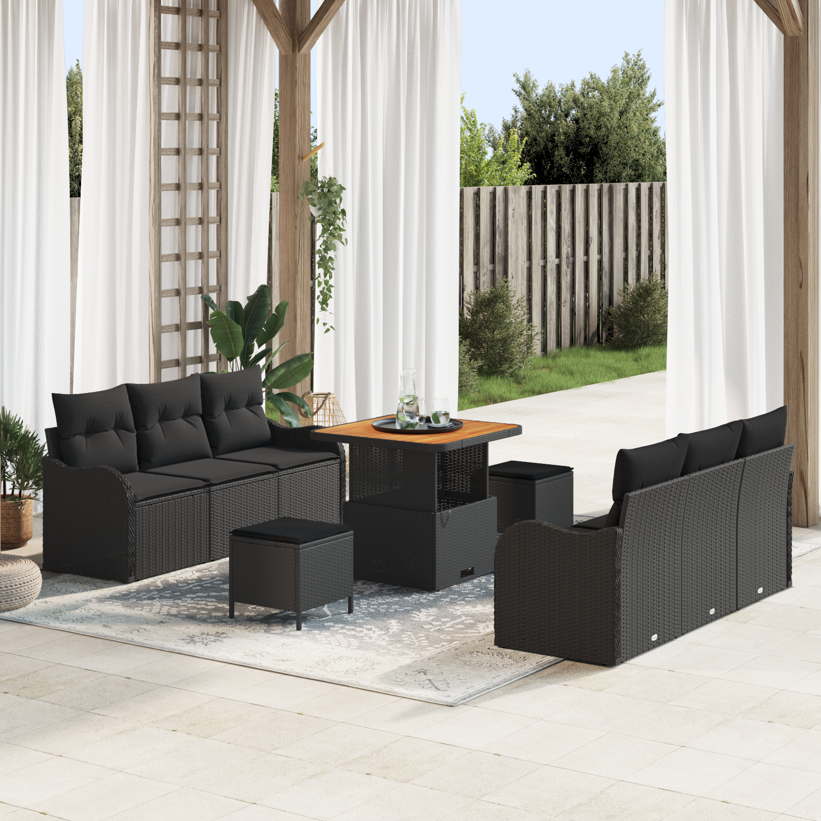 Set di Divani da Giardino  da 9 pezzi con Cuscini Nero Polyrattan Acacia