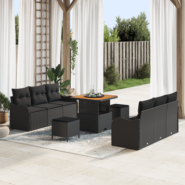 Set di Divani da Giardino  da 9 pezzi con Cuscini Nero Polyrattan Acacia