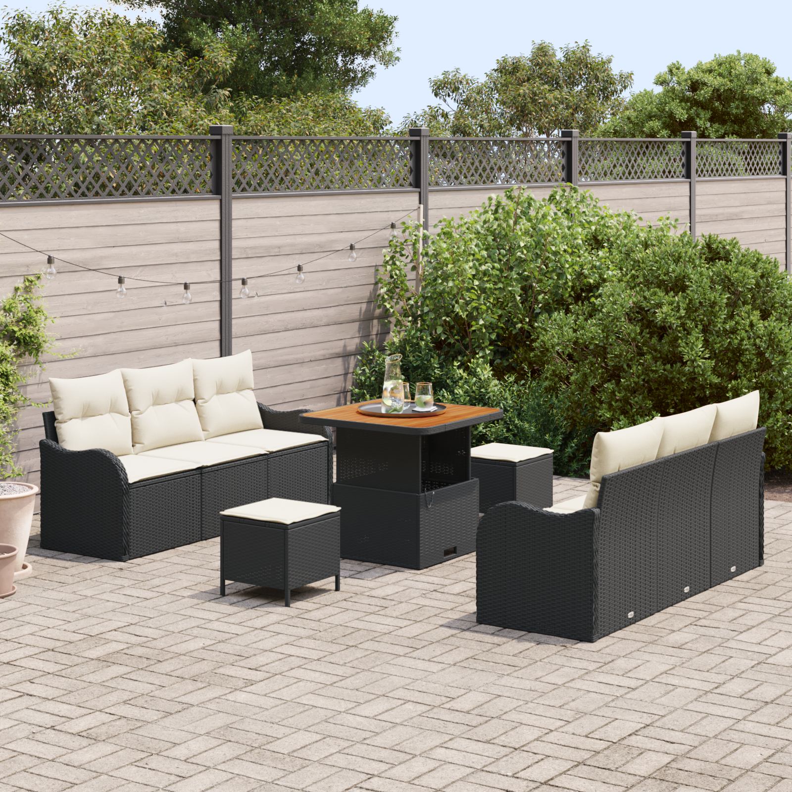 Set di Sofà da Giardino  da 9 Pezzi con Cuscini Nero Polyrattan Acacia