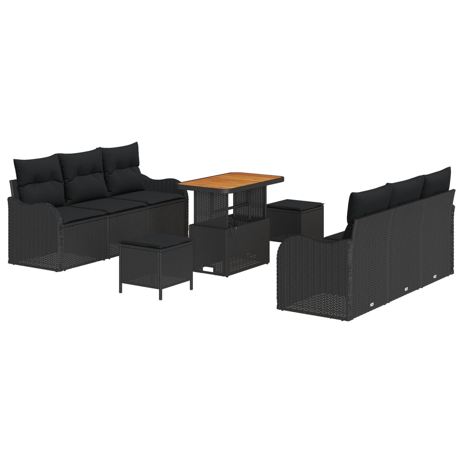 Set Divano da Giardino  9 Pezzi con Cuscini Nero Polyrattan Acacia