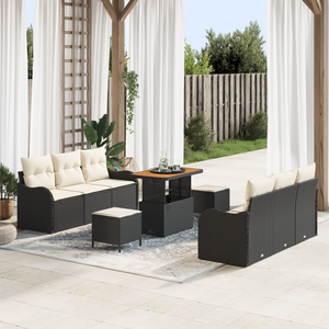 Set di Divani da Giardino 9 pezzi con cuscini Nero Polyrattan Acacia